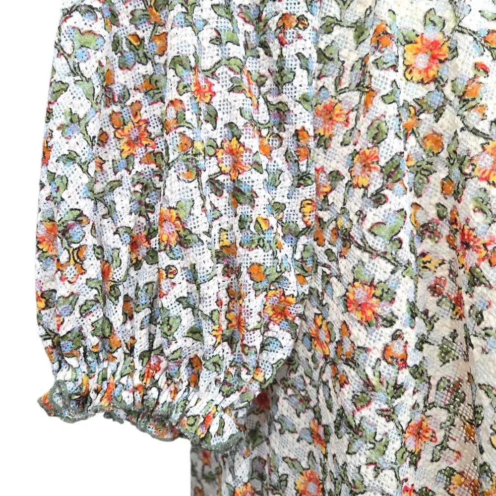 Women’s Floral Peasant Top - Cream with Orange & Green